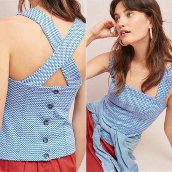 Anthropologie Tops - Anthropologie Maeve Satton Blue Chevron Cross Back Tank Top Size Small